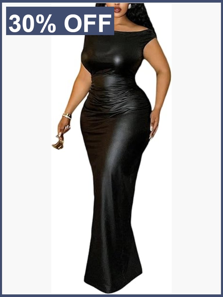 Plus Size Off Shoulder Faux Leather Maxi Dress Sleeveless Ruched Bodycon